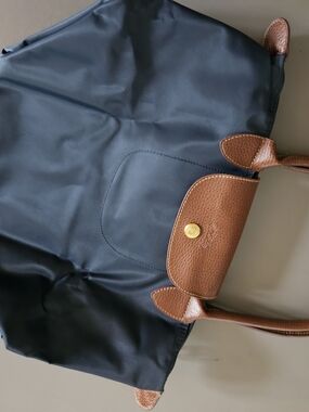 Longchamp Navy Nylon Tote with Brown Leather Trim